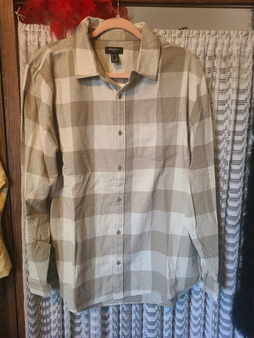 FOREVER 21 Flannel Men's Beige/White Button-Up Shirt Taupe Cream NWT SZ M